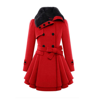 A women's flared coat featuring an elegant design with a double-breasted front, tailored waist, and luxurious details, perfect for adding sophistication and style to any outfit.