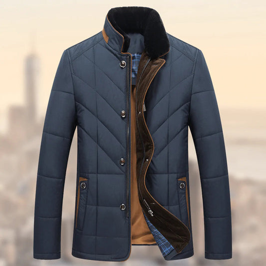Men's quilted jacket with a high collar, button-up front, and soft inner lining displayed on a neutral background, showcasing its warm and stylish design.