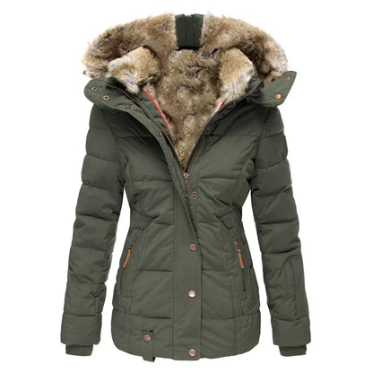 Stylish women's insulated jacket featuring a fur-lined hood, zip-up front, and multiple pockets, perfect for winter wear and outdoor adventures.
