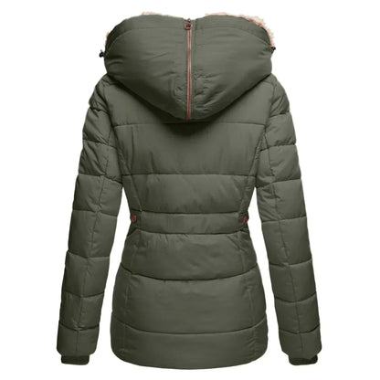 Stylish women's insulated jacket featuring a fur-lined hood, zip-up front, and multiple pockets, perfect for winter wear and outdoor adventures.