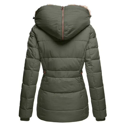 Stylish women's insulated jacket featuring a fur-lined hood, zip-up front, and multiple pockets, perfect for winter wear and outdoor adventures.