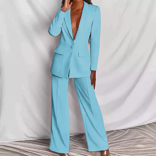 A women's tailored suit set featuring a sleek blazer and wide-leg trousers, designed with an elegant and modern fit, perfect for professional settings or stylish events.