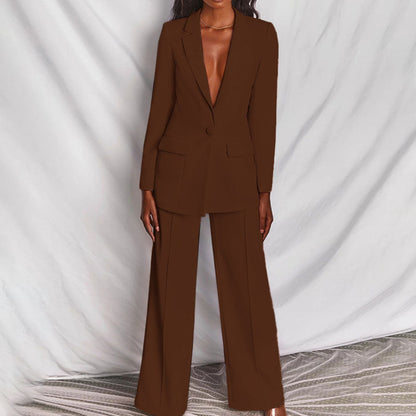 Elegant women's tailored suit set featuring a blazer and matching trousers, designed for a formal and sophisticated look.