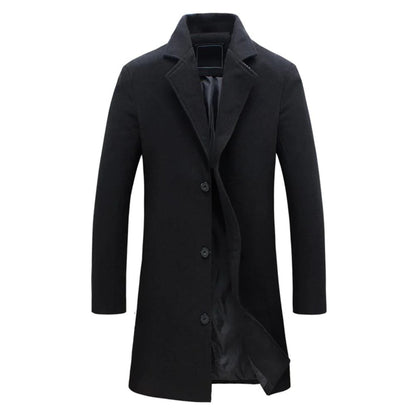 Long tailored overcoat with button closure, designed for a sleek and timeless look, displayed on a neutral background.