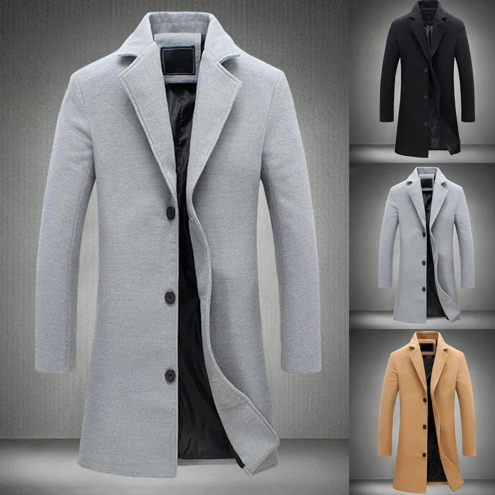 Long tailored overcoat with button closure, designed for a sleek and timeless look, displayed on a neutral background.