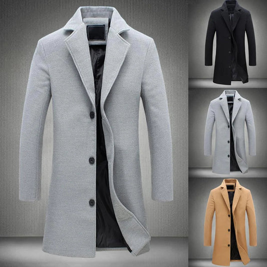 Long tailored overcoat with button closure, designed for a sleek and timeless look, displayed on a neutral background.