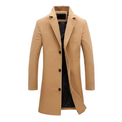 Long tailored overcoat with button closure, designed for a sleek and timeless look, displayed on a neutral background.