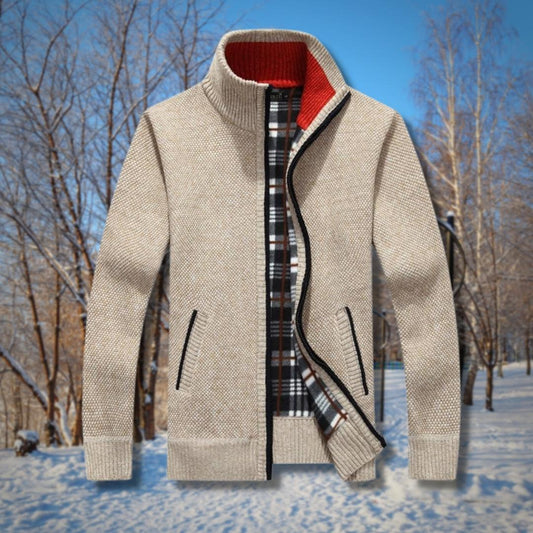 A men's fleece-lined jacket with a classic design, featuring a zip-up front, soft inner lining, and stylish pattern, perfect for warmth and comfort during colder seasons.