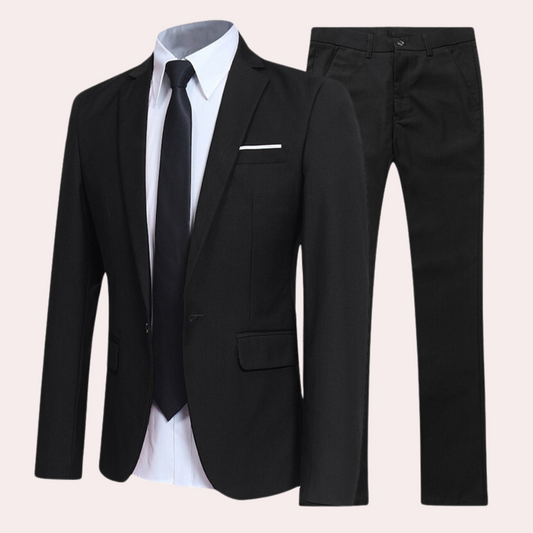 Men's classic suit set featuring a tailored jacket, matching trousers, and a sleek tie, perfect for formal events, business meetings, or special occasions.