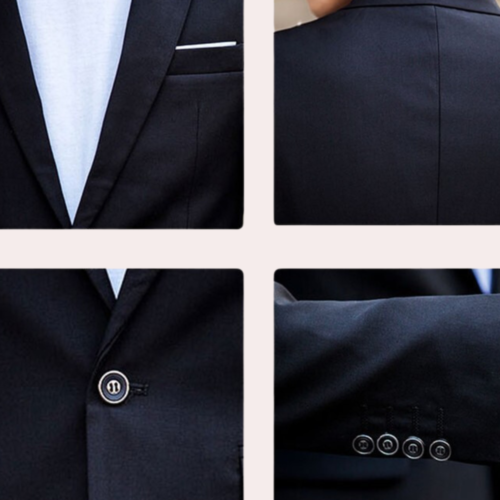 Men's classic suit set featuring a tailored jacket, matching trousers, and a sleek tie, perfect for formal events, business meetings, or special occasions.