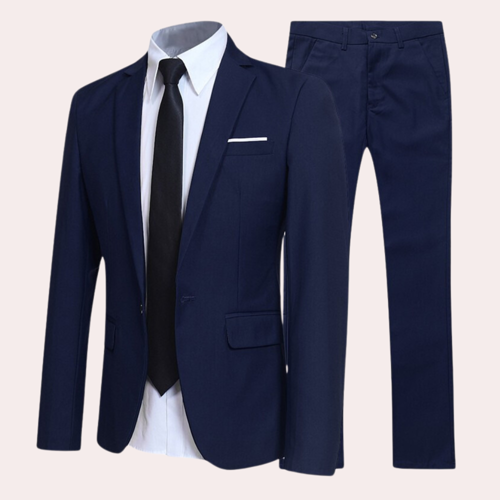 Men's classic suit set featuring a tailored jacket, matching trousers, and a sleek tie, perfect for formal events, business meetings, or special occasions.