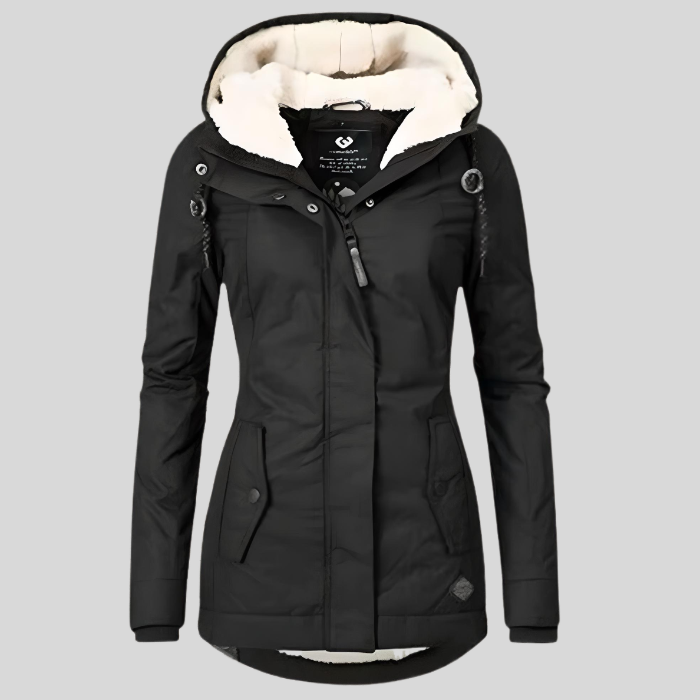 A women's hooded winter coat featuring a cozy insulated design with a soft inner lining, stylish hood, and functional pockets, perfect for staying warm and comfortable during chilly weather.