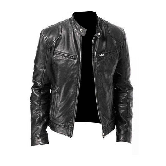A men's sleek leather jacket featuring a modern design with zippered details and a tailored fit, perfect for casual outings or adding sophistication to any outfit.