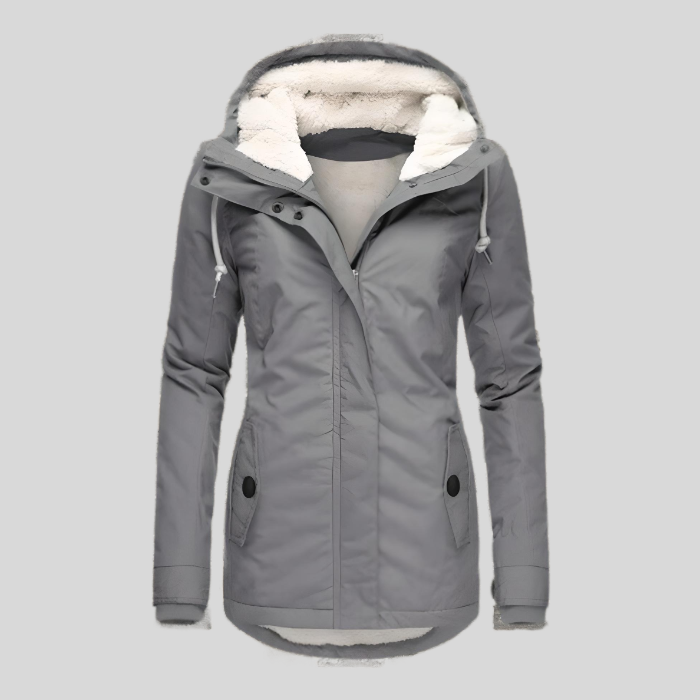 A women's hooded winter coat featuring a cozy insulated design with a soft inner lining, stylish hood, and functional pockets, perfect for staying warm and comfortable during chilly weather.