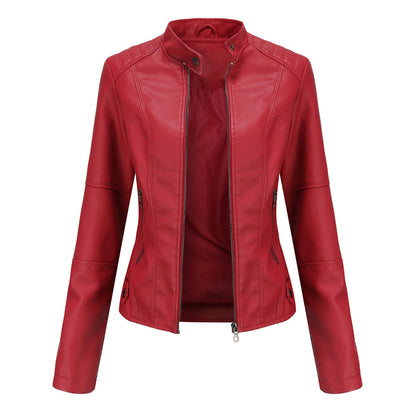 A women's fitted leather jacket featuring a sleek modern design with tailored details and zippered accents, perfect for casual outings or adding a chic touch to any outfit.