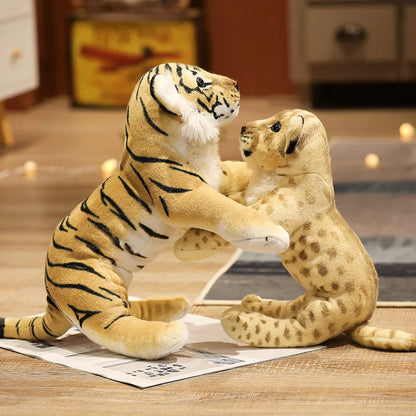 Three adorable plush animal toys featuring lifelike designs of wild animals, displayed on a wooden surface. Perfect for play, decor, or as a cuddly companion.