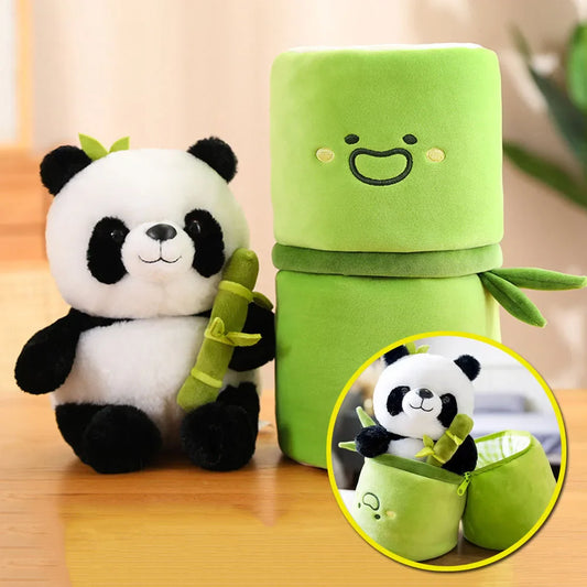 Plush panda toy set featuring a cute panda holding a bamboo and an adorable smiling roll-shaped plush companion, displayed on a table with books in the background.