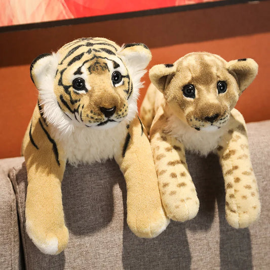 Three adorable plush animal toys featuring lifelike designs of wild animals, displayed on a wooden surface. Perfect for play, decor, or as a cuddly companion.