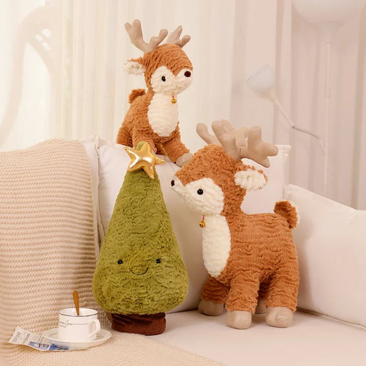 Plush reindeer set displayed with a festive tree decoration, adding charm and warmth to a cozy indoor setting.