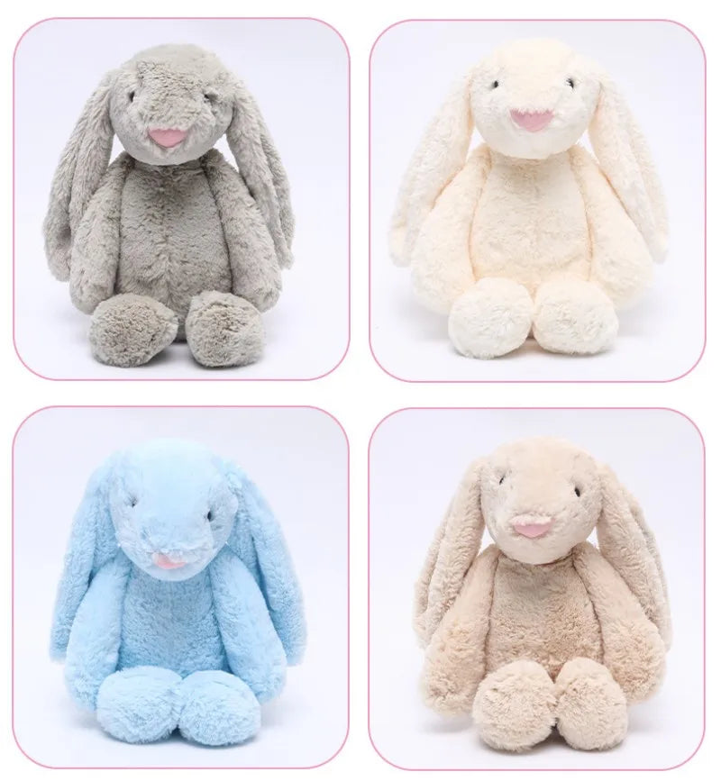 A plush bunny toy with a soft, huggable design and floppy ears, perfect for snuggles, playtime, or as a charming decorative piece for all ages.
