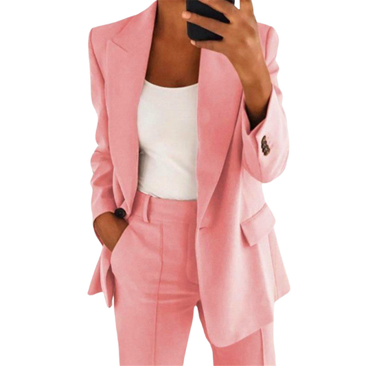 A stylish women's tailored suit set with a modern, elegant design, featuring a structured blazer and matching trousers, perfect for professional or formal occasions.