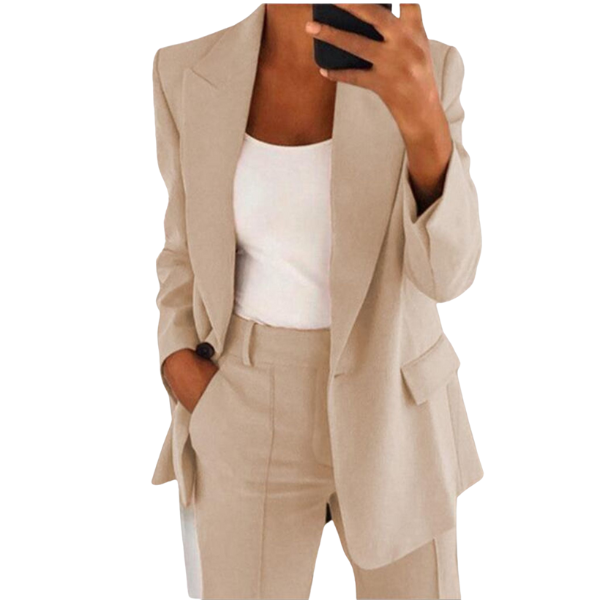 A stylish women's tailored suit set with a modern, elegant design, featuring a structured blazer and matching trousers, perfect for professional or formal occasions.