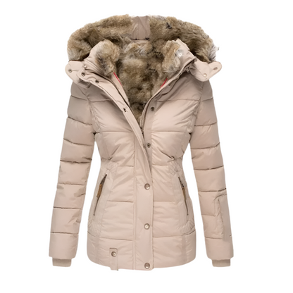 A women's puffer jacket featuring a cozy faux fur lining, a stylish hood, and secure zippered pockets, designed for warmth and comfort during winter outings.