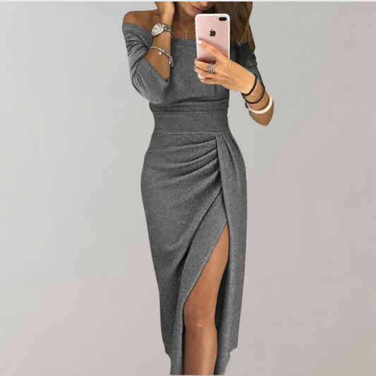 Elegant off-shoulder ruched dress with a stylish slit design, showcasing a sophisticated and flattering silhouette.
