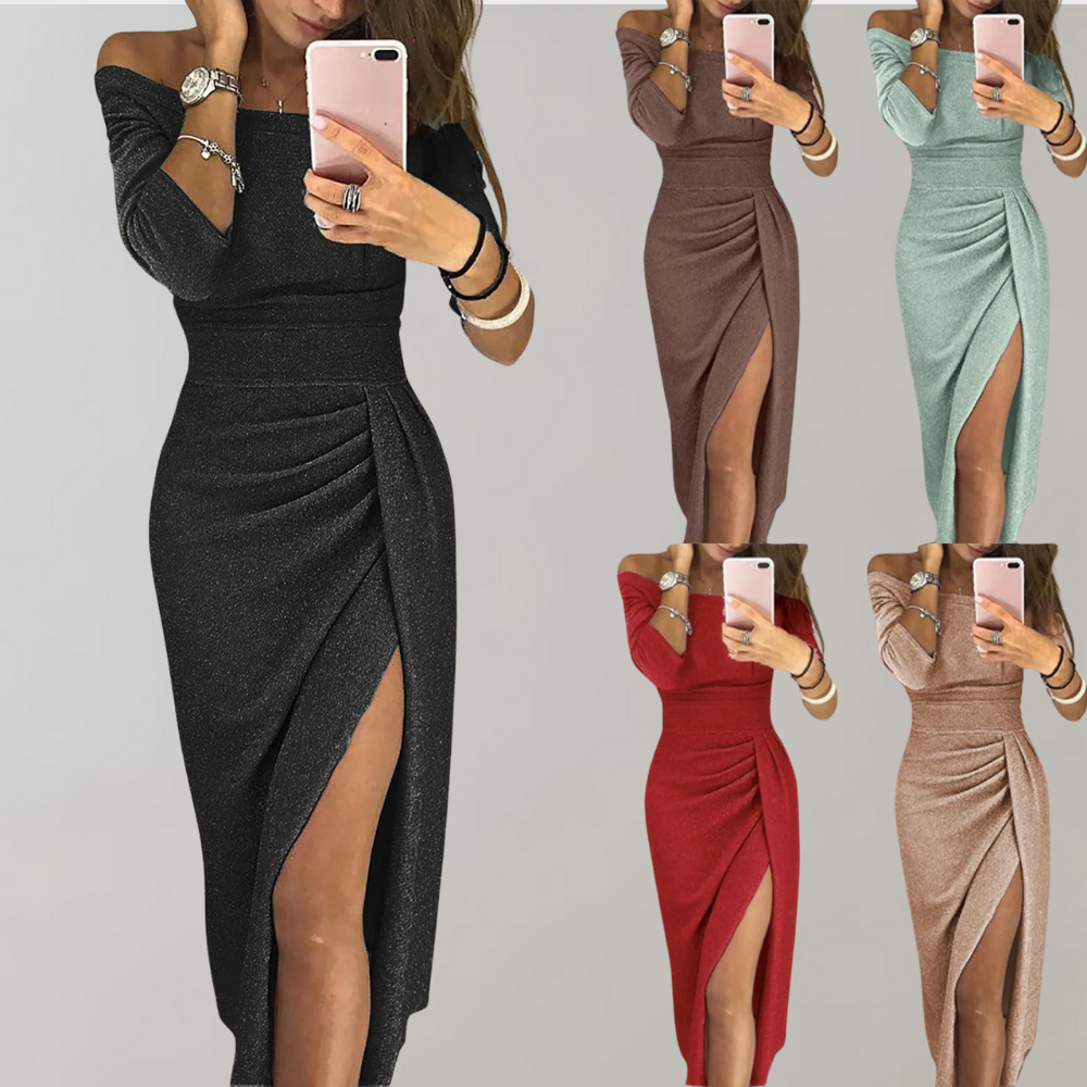 Elegant off-shoulder ruched dress with a stylish slit design, showcasing a sophisticated and flattering silhouette.