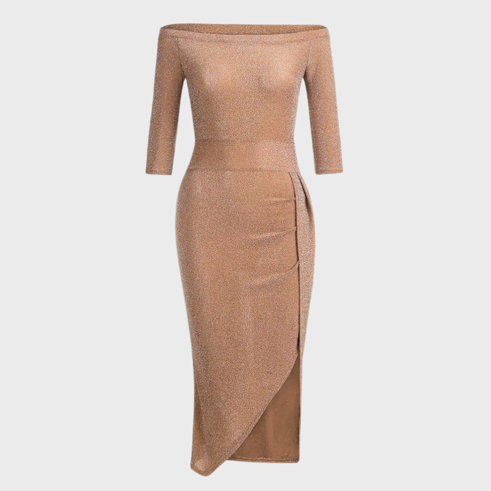 Elegant off-shoulder ruched dress with a stylish slit design, showcasing a sophisticated and flattering silhouette.