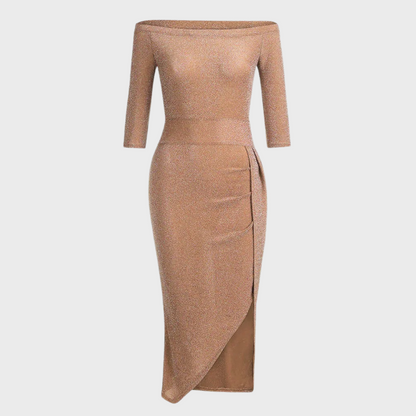 Elegant off-shoulder ruched dress with a stylish slit design, showcasing a sophisticated and flattering silhouette.