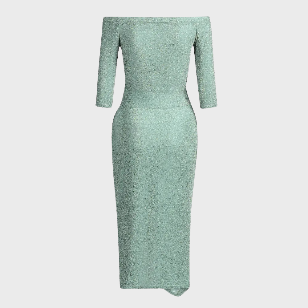 Elegant off-shoulder ruched dress with a stylish slit design, showcasing a sophisticated and flattering silhouette.