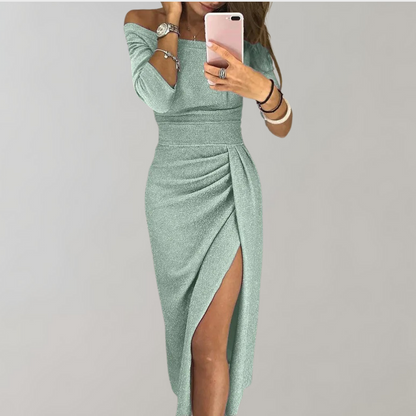 Elegant off-shoulder ruched dress with a stylish slit design, showcasing a sophisticated and flattering silhouette.
