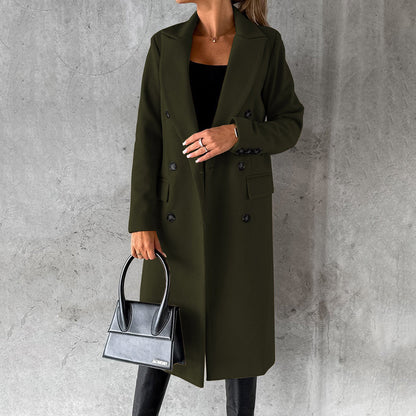 Women's classic long coat featuring a tailored fit, double-breasted buttons, and a chic design, perfect for casual and formal occasions.