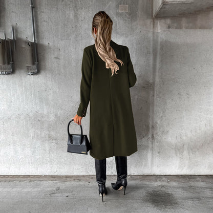 Women's classic long coat featuring a tailored fit, double-breasted buttons, and a chic design, perfect for casual and formal occasions.