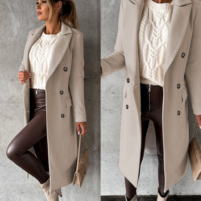 Women's classic long coat featuring a tailored fit, double-breasted buttons, and a chic design, perfect for casual and formal occasions.