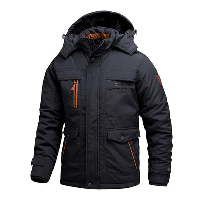 A men's insulated jacket with a durable design, featuring multiple pockets, a warm hood, and sturdy construction for outdoor adventures and cold-weather protection.