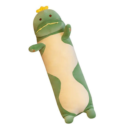 A plush body pillow featuring a playful dinosaur design, with a soft and huggable texture, perfect for snuggling, decorating, or gifting to all ages.