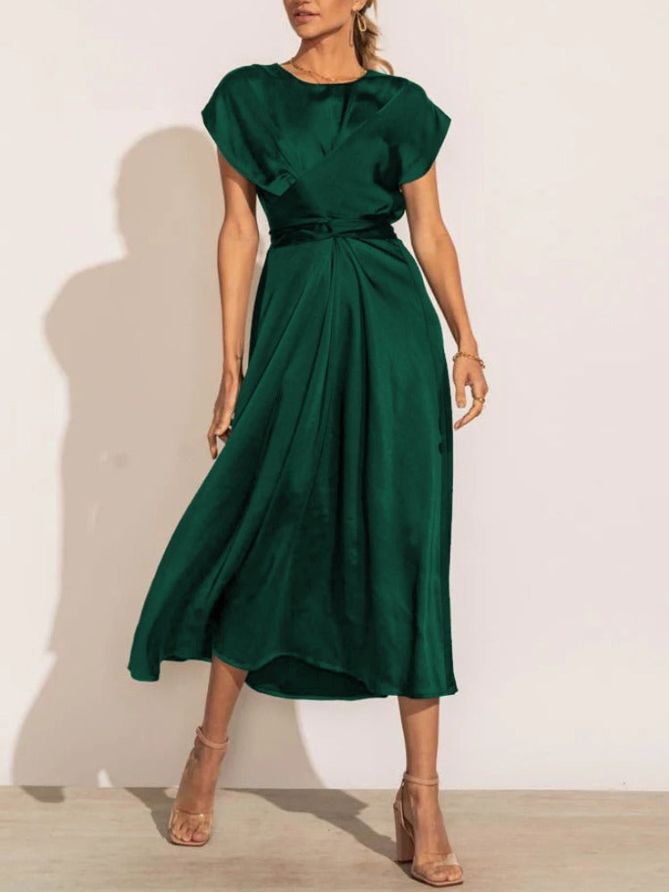 A graceful women's satin wrap dress with an elegant flow, featuring a flattering silhouette and luxurious fabric, perfect for formal occasions or special events.