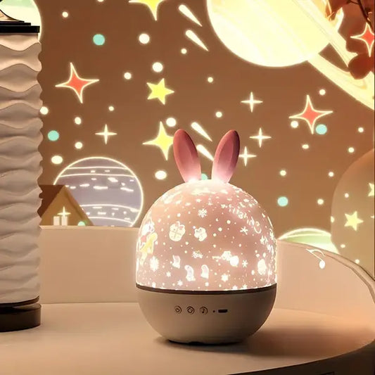 A starry night projector lamp with a whimsical design, casting stunning celestial projections of stars and planets, perfect for creating a calming and magical atmosphere in any room.