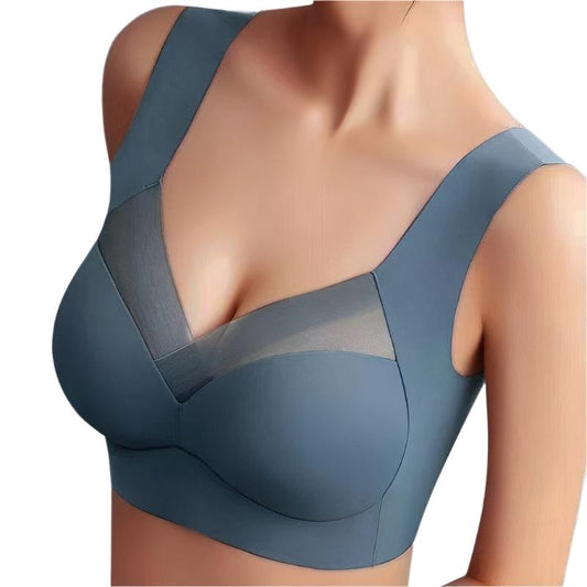 Close-up view of a women's seamless bra with wide straps and supportive design, highlighting its smooth and comfortable fit.