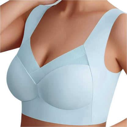 Close-up view of a women's seamless bra with wide straps and supportive design, highlighting its smooth and comfortable fit.