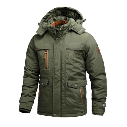 A men's insulated jacket with a durable design, featuring multiple pockets, a warm hood, and sturdy construction for outdoor adventures and cold-weather protection.