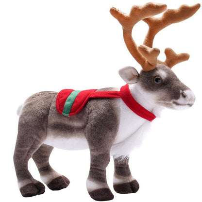 Festive plush reindeer set featuring two reindeer stacked playfully, displayed in a holiday-themed setting with decorations and gifts.