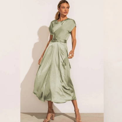 A graceful women's satin wrap dress with an elegant flow, featuring a flattering silhouette and luxurious fabric, perfect for formal occasions or special events.